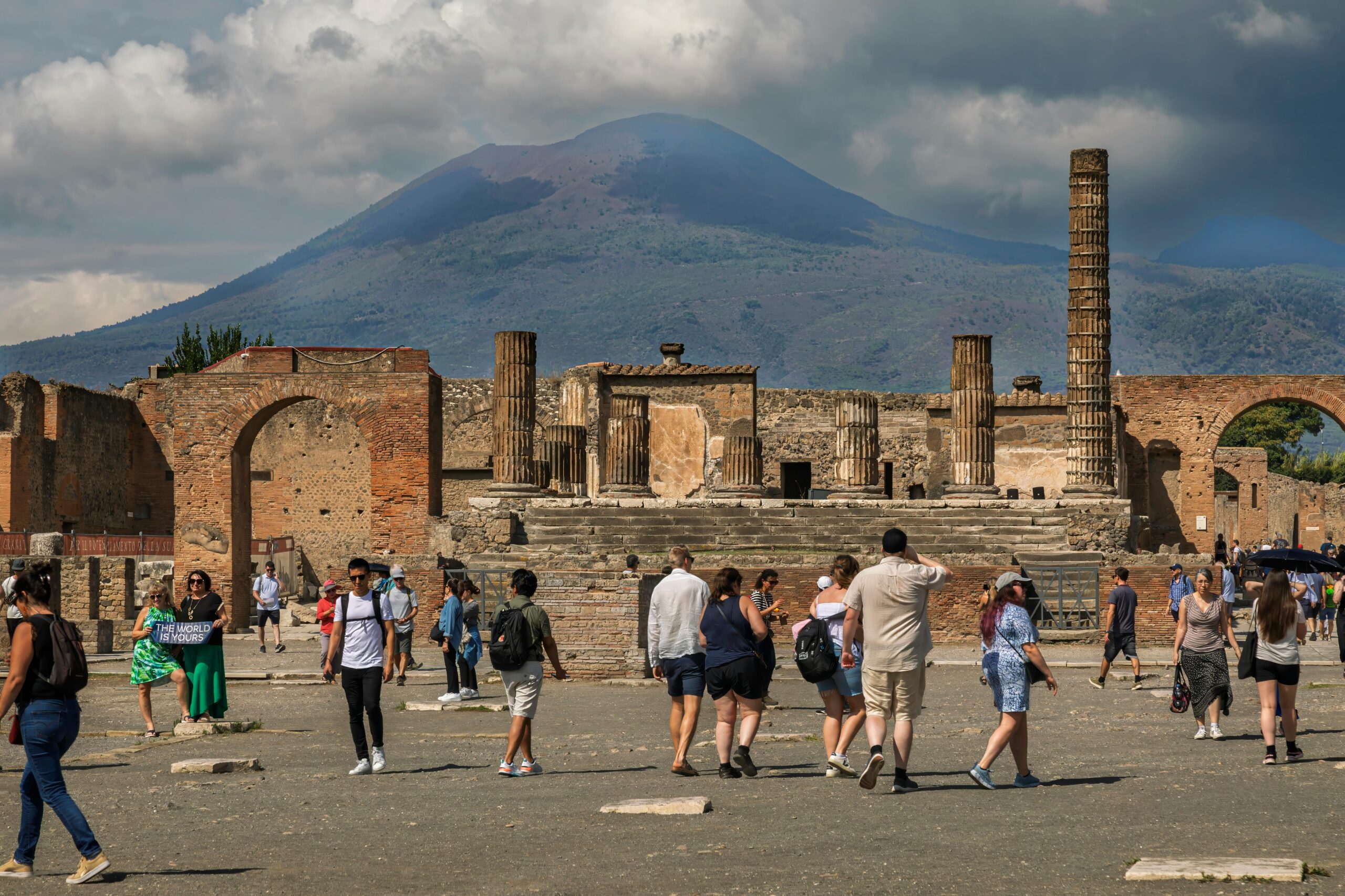 Ancient ruins of Pompeii with Mount Vesuvius in the background