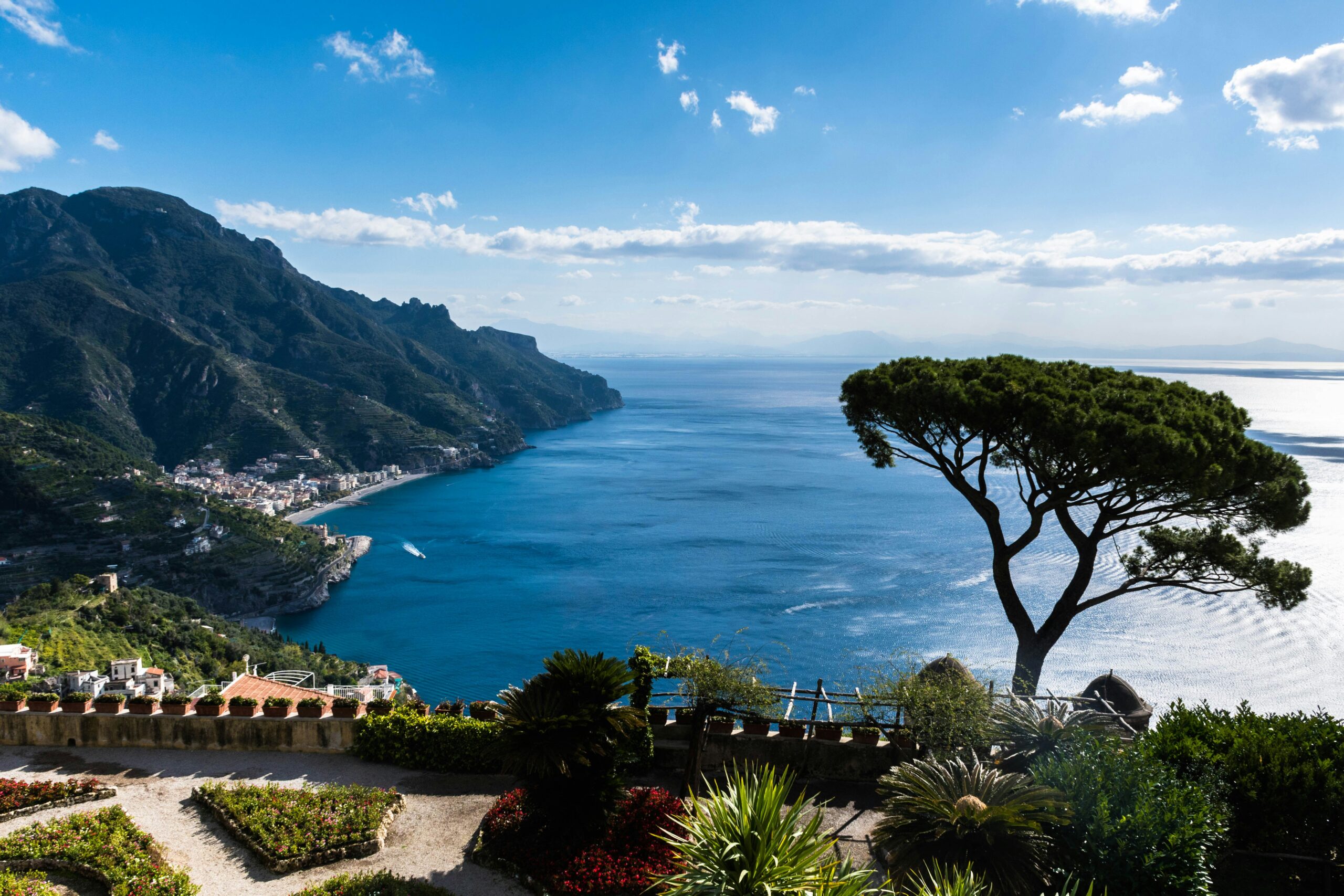 Panoramic terrace view from Ravello overlooking the Amalfi Coast cliffs and sea